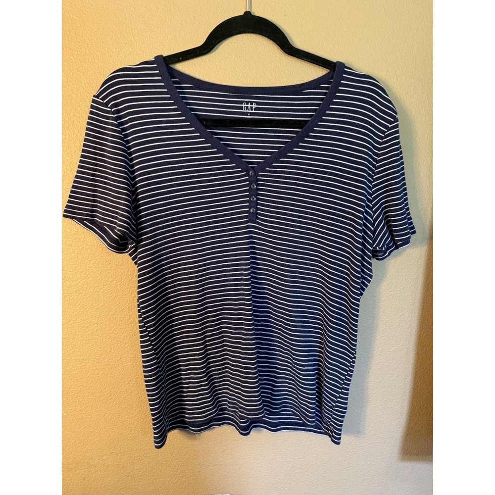 Gap Women's XL Navy White Striped Henley T Shirt Short Sleeve V Neck Modal Blend